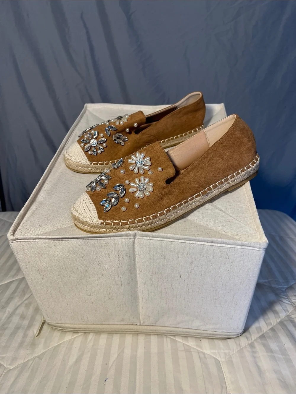SHEIN Tan Floral Crystal Suede Slip-Ons